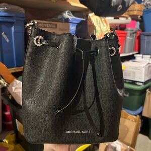 Michael Kors Black Signature Drawstring Bucket Shoulder Bag